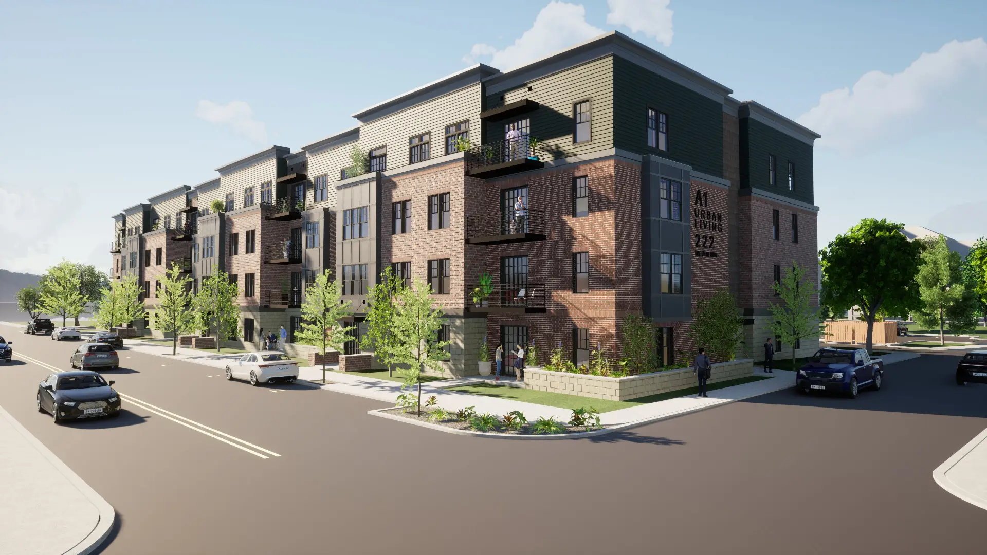 A1 Urban Living seen from the street corner, a four-story brick and cedar-toned condominium building with steel balconies