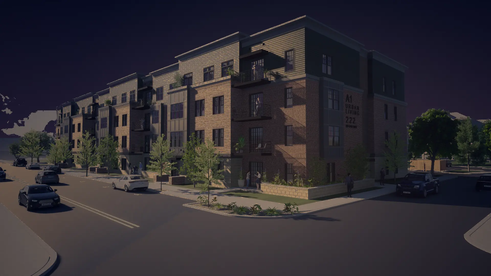 A1 Urban Living at dusk, with lit windows across four stories