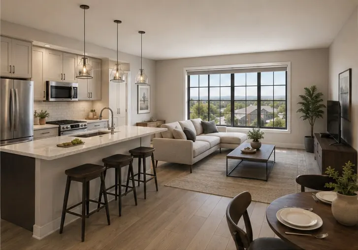 One-bedroom living area: an open kitchen with a quartz island and counter seating opening to a living room and dining table, with a large window