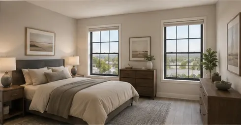 Two-bedroom primary bedroom with two windows, a bed, and a dresser