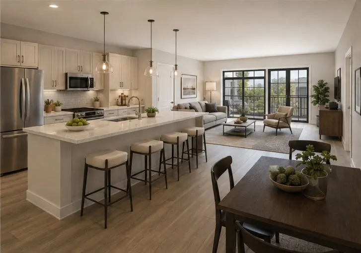 Two-bedroom living area: an open kitchen with a quartz island and counter seating, a dining table, and a living room with balcony doors beyond