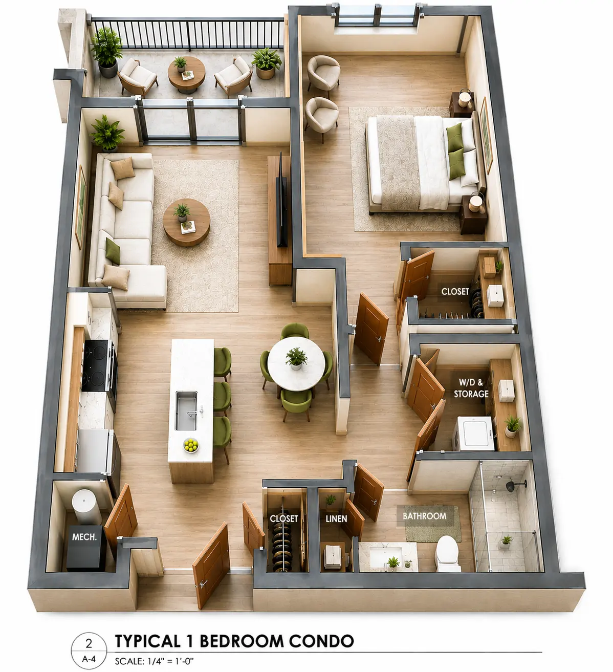 Furnished overhead view of the one-bedroom home, labelled by the architect: living room and balcony to one side, an open kitchen and dining with an island, the bedroom, bathroom, closets, linen, and washer-dryer with storage