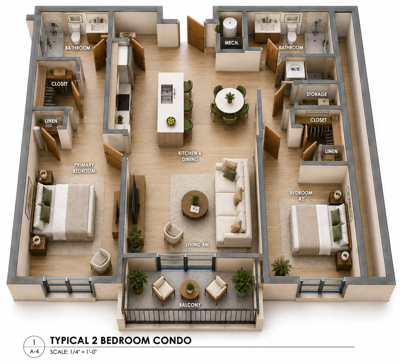 Furnished overhead view of the two-bedroom home, labelled by the architect: primary bedroom and bedroom two at either end, each with its own bathroom and closet, an open kitchen, dining and living core, and a balcony off the living room