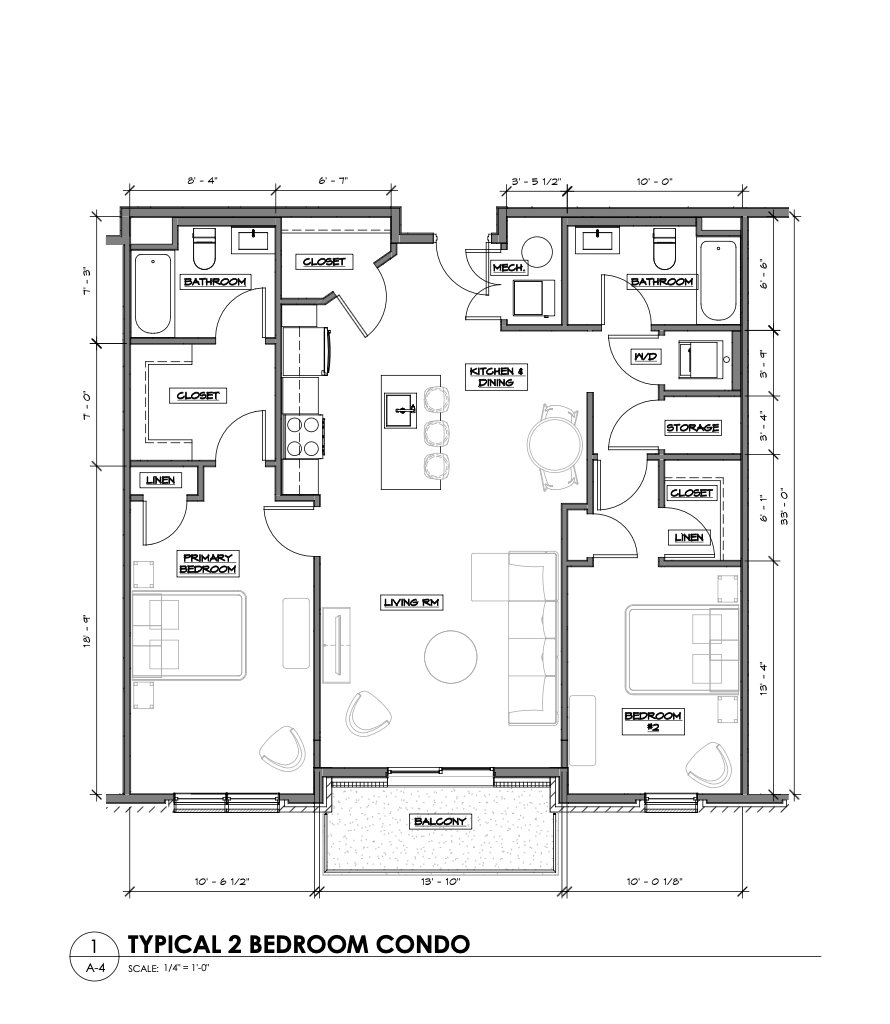 One-bedroom dimensioned floor plan, typical 1 bedroom condo, scale 1/4 inch = 1 foot