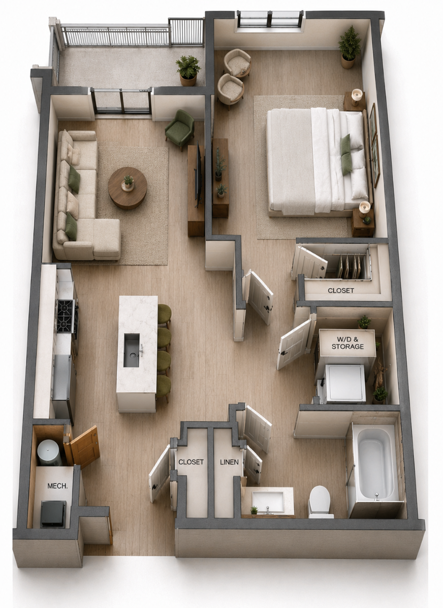 One-bedroom floor plan rendering
