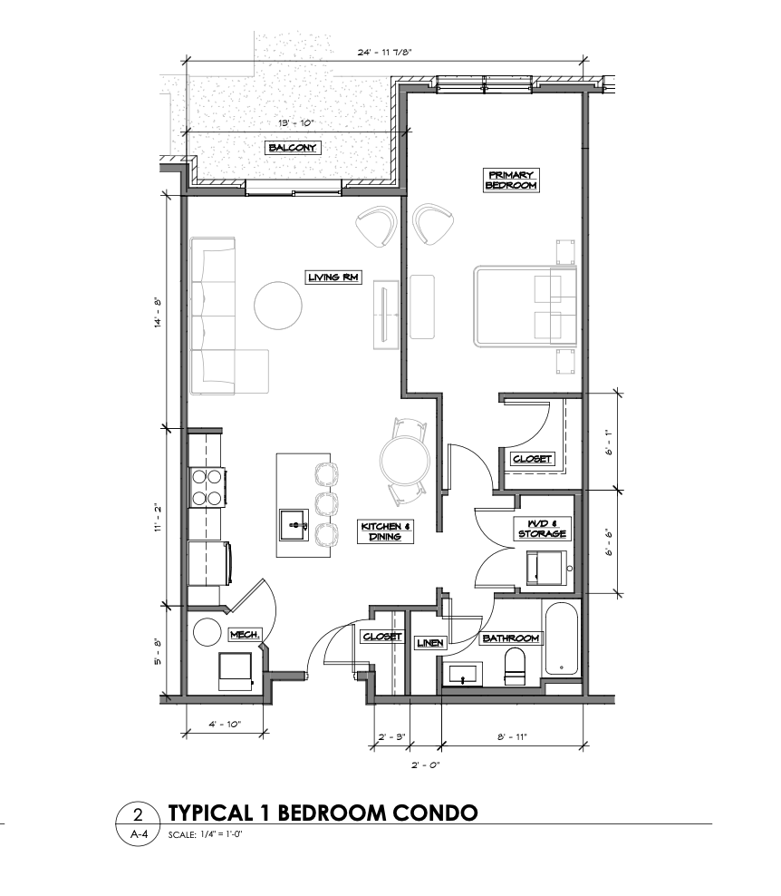 Two-bedroom dimensioned floor plan, typical 2 bedroom condo, scale 1/4 inch = 1 foot