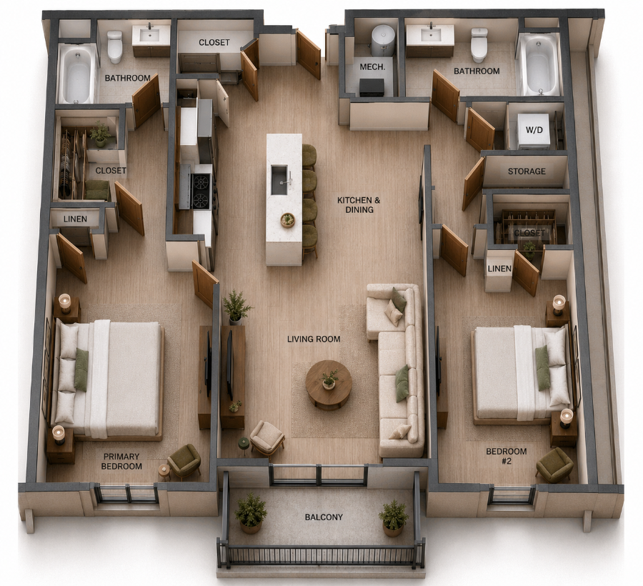 Two-bedroom floor plan rendering